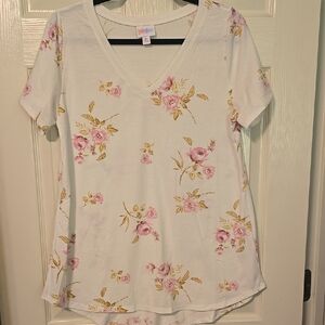 Lularoe Perfect Tee‎ Floral V-Neck Top - White and Pink